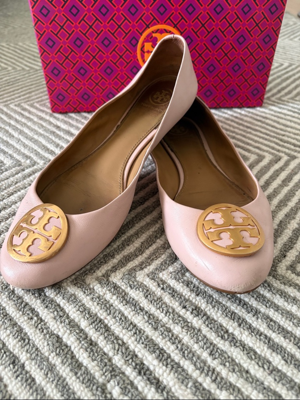 Tory Burch Blush Pink Leather Logo Round-Toe Flats